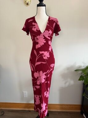 Dynamite Burgundy Maxi Dress with Pink Floral Print